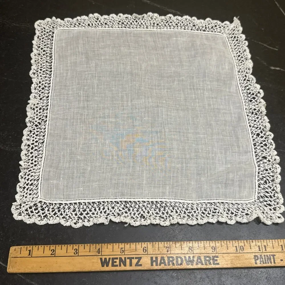 Antique Vintage White Linen Bridal Handkerchief Deep Crochet Lace Fan Border